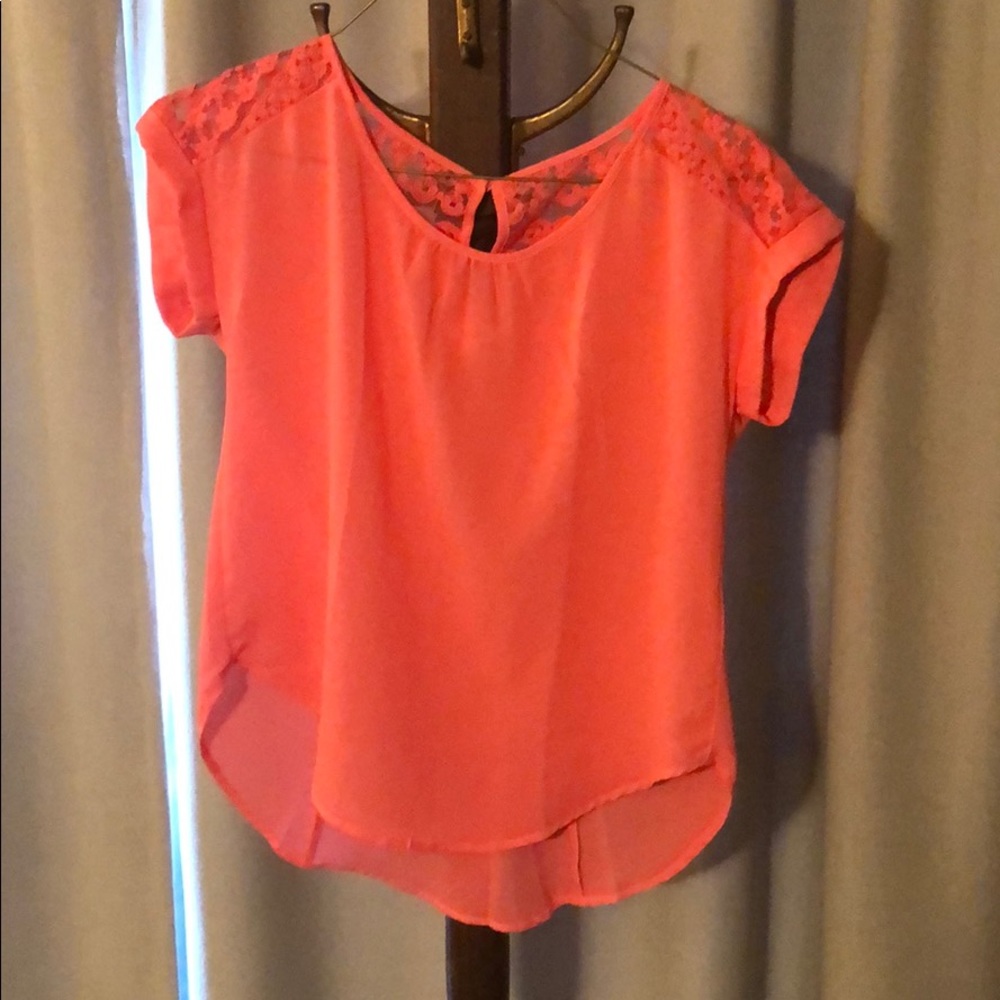 Coral top with lace shoulders